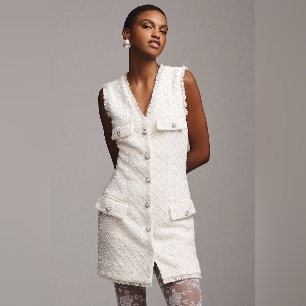 BHLDN Anthropologie Sleeveless Tweed Dress Pearl Embellished Fringed Trim NWOT